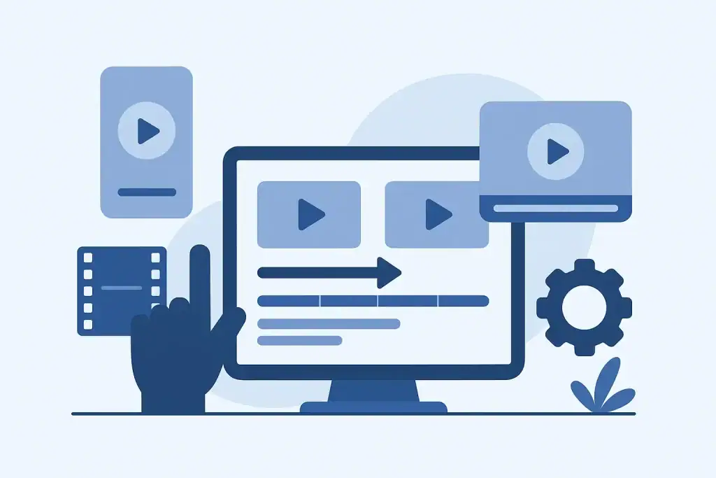 Ilustracja narzędzi sztucznej inteligencji prezentujących tworzenie i edycję filmów i materiałów wideo.