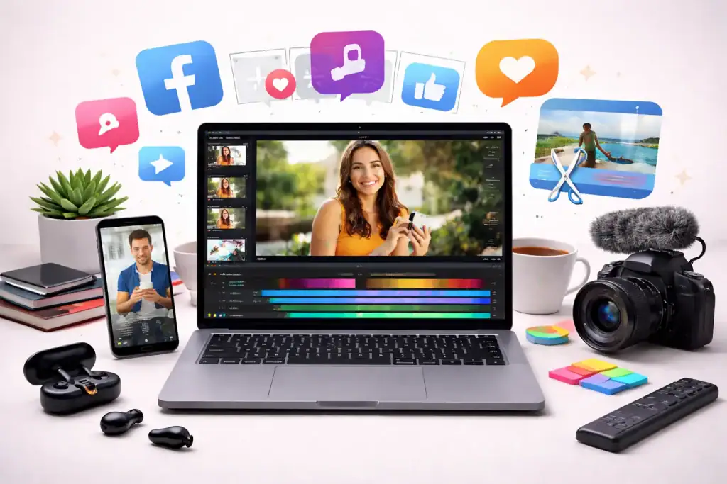 Laptop z programem do edycji wideo, obok kamera i smartfon.